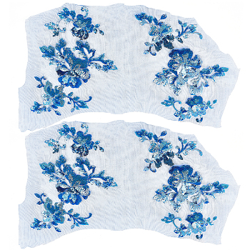 2 Sets Flower Polyster Embroidery Ornaments Accessories, Lace Sequins Clothing Sew on Patches, Suitable for Wedding Dress, Performance Clothes, Dodger Blue, 304x190x1.5mm, 2pcs/set