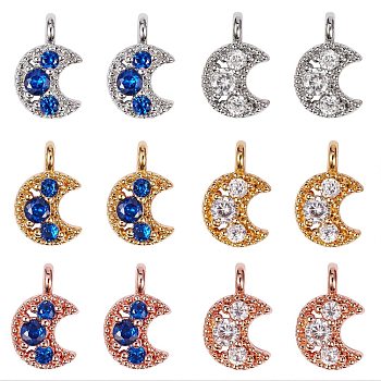 12pcs 6 Colors Brass Charms, with Cubic Zirconia, Lead Free & Cadmium Free & Nickel Free, Moon, Mixed Color, 11x7x3mm, Hole: 1.5mm, 2pcs/color