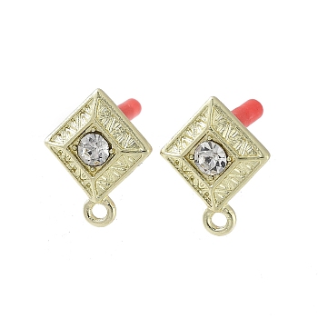 Rack Plating Golden Alloy with Rhinestone Stud Earring Findings, with Loops and 304 Stainless Steel Pins, Cadmium Free & Nickel Free & Lead Free, Rhombus, 15.5x12mm, Hole: 1.6mm, Pin: 0.7x10.5mm.