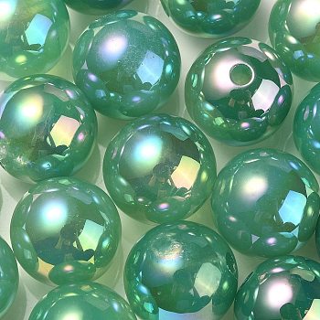 UV Plating Rainbow Iridescent Acrylic Beads, Round, Green, 15.5x15mm, Hole: 2.7mm