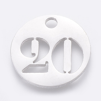 304 Stainless Steel Pendants, Cut-Out, Hollow, Flat Round with Number, Stainless Steel Color, Num.20, 19x1.5mm, Hole: 2.5mm
