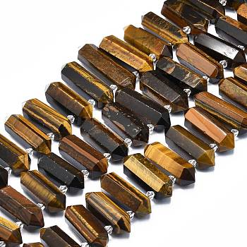 Natural Tiger Eye Beads Strands, Faceted, Double Terminated Pointed/Bullet, 25~63x13~16x11~13.5mm, Hole: 1.6mm, about 21~22pcs/strand, 15.55 inch(39.5cm)