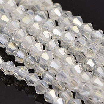 Faceted Bicone Electroplate Glass Beads Strands, AB Color Plated, Ghost White, 4x4.5mm, Hole: 1mm, about 92~96pcs/strand, 13.78~14.37 inch.