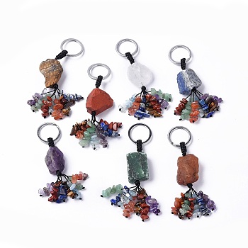 Natural Mixed Gemstone Nugget with Mixed Gemstone Chips Tassel Keychains, with 304 Stainless Steel Ring Clasps, 9~10.5cm