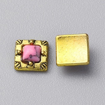 Zinc Alloy Cabochons, with Plastic Beads, Nail Art Decoration Accessories for Women,  Antique Golden, Square, 5.5x5.5x2.5mm