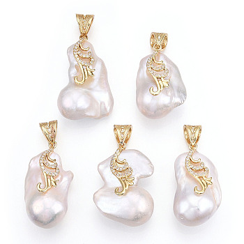 Natural Baroque Pearl Keshi Pearl Pendants, Brass Micro Pave Clear Cubic Zirconia Nuggets Charms with Snap On Bails, Lead Free & Nickel Free & Cadmium Free, Long-Lasting Plated, Real 18K Gold Plated, 30~36x18.5~23x14~20mm, Hole: 8x5mm