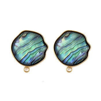 304 Stainless Steel Pave Natural Paua Shell Stud Earring Findings, Flat Round, Ion Plating(IP), Real 18K Gold Plated, 21x18mm, Hole: 1.6mm, Pin: 1mm