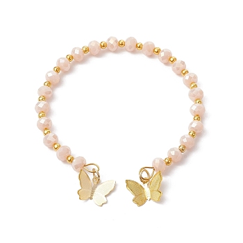 Glass Round Beaded Cuff Bangles, with Golden Brass Butterfly Charms, Misty Rose, Inner Diameter: 2-1/8 inch(5.5cm)