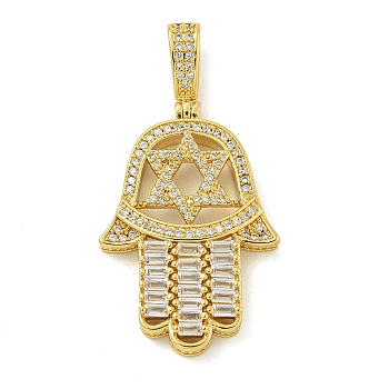 Rack Plating Brass Micro Pave Clear Cubic Zirconia Pendant, Long-Lasting Plated, Lead Free & Cadmium Free, Hanmsa Hand with Star of David, Real 18K Gold Plated, 44x22.5x6.7mm, Hole: 5.7mm