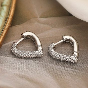 Brass Micro Pave Clear Cubic Zirconia Hoop Earrings for Women, Heart, Platinum, 16x3.5x15.5mm