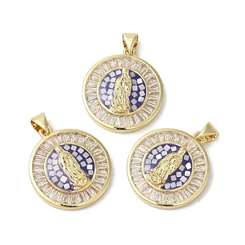 Brass Micro Pave Clear Cubic Zirconia Pendants, with Enamel & Shell, Long-Lasting Plated, Lead Free & Cadmium Free, Real 18K Gold Plated, Flat Round with Virgin Mary, Blue, 23.5x20.5x3.5mm, Hole: 5x3.5mm