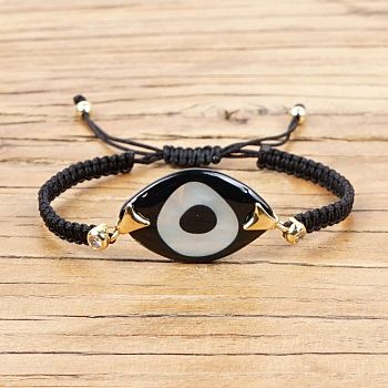 Horse Eye with Evil Eye Acrylic Braided Bead Bracelet, Black Nylon Adjustable Bracelet for Women, Black, 10-1/4 inch(26cm)