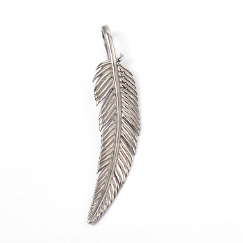 316 Surgical Stainless Steel Big Pendants, Feather, Stainless Steel Color, 57x12x2mm, Hole: 4x9mm