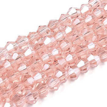 Transparent Electroplate Glass Beads Strands, Pearl Luster Plated, Faceted, Bicone, Pink, 3x2.5mm, Hole: 0.7mm, about 162~185pcs/strand, 12.76~14.61 inch(32.4~37.1cm)