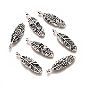 Tibetan Style Alloy Pendants, Feather, Antique Silver, 29.5x9x2mm, Hole: 1.6mm