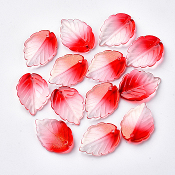 Transparent Spray Painted Glass Pendants, with Glitter Powder, Leaf, Red, 23.5x17x4.5mm, Hole: 1.2mm
