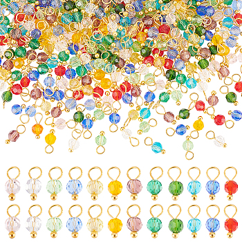 Elite 20 Sets Glass Pendants, with Golden Tone Brass Finding, Faceted, Round, Mixed Color, 10x4mm, Hole: 3mm, 24pcs/set, 480pcs/box