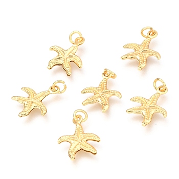 Brass Charms, Long-Lasting Plated, Starfish, Real 18K Gold Plated, 14.5x12x1.5mm, Hole: 2.5mm