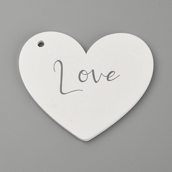 Tri-ply Wood Pendants, Wood Tag Pieces
, Heart with Word Love, White, 76x90.5x4.5mm, Hole: 4.5mm