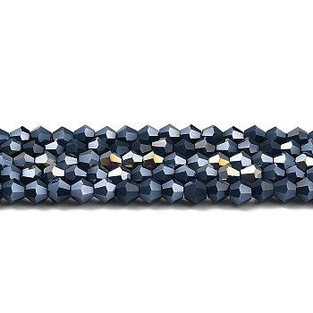 Opaque Solid Color Electroplate Glass Beads Strands, AB Color Plated, Faceted, Bicone, Prussian Blue, 4x4mm, Hole: 0.8mm, about 87~98pcs/strand, 12.76~14.61 inch(32.4~37.1cm)