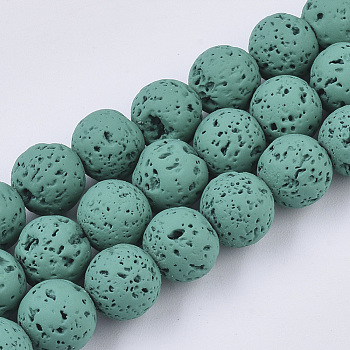 Spray Painted Natural Lava Rock Beads Strands, Round, Dark Cyan, 6~7mm, Hole: 0.7mm, about 59~62pcs/Strand, 15.75 inch(40cm)
