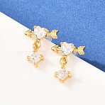Heart Brass Micro Pave Clear Cubic Zirconia Dangle Stud Earrings, Real 18K Gold Plated, 13.5x11mm(EJEW-A150-02G)