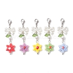 Porcelain & Acrylic Pendant Decorations, with Lobster Claw Clasps, Bowknot with Flower, Mixed Color, 60~62mm(HJEW-JM04599)