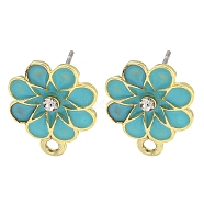 Rack Plating Alloy Stud Earring Finding, with Rhinestone, Cadmium Free & Nickel Free & Lead Free, Flower, Turquoise, 16x12.5mm, Hole: 1.6mm, Pin: 10.5x0.5mm(FIND-C053-07G-02)