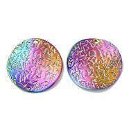 Ion Plating(IP) 304 Stainless Steel Pendants, Textured, Flat Round Charm, Rainbow Color, 29.5x1.5mm, Hole: 1.8mm(STAS-L020-014A-RC)
