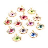 Transparent Glass Pendants, with Brass Micro Pave Clear Cubic Zirconia Findings and Jump Rings, Long-Lasting Plated, Evil Eye, Golden, Mixed Color, 19x20x6mm, Hole: 2mm(KK-J276-05G)