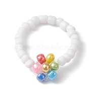 Flower Glass Seed Beaded Stretch Finger Rings, Colorful, US Size 9 3/4(19.5mm)(RJEW-JR00618-01)