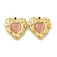 304 Stainless Steel Pendants, with Cat Eye, Heart Charm, Real 14K Gold Plated, Pink, 19x18x5.5mm, Hole: 1.2mm(STAS-L022-046G-02)