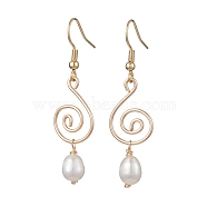 Natural Pearl Dangle Earrings, Brass Wire Wrap Vortex Drop Earrings, Light Gold, 50.5x14mm(EJEW-JE05678)