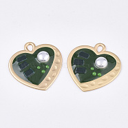 Epoxy Resin Pendants, with ABS Plastic Imitation Pearl and Glass, Alloy Findings and Enamel, Heart, Matte Gold Color, Green, 35x33.5x5.5mm, Hole: 3x4.5mm(RESI-S365-69C)