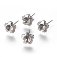 304 Stainless Steel Ear Stud Components, For Pointed Back Rivoli Rhinestone, Flower, Stainless Steel Color, Fit For 4mm Rhinestone, 7.5x7mm, Pin: 0.9mm(STAS-F222-035)