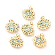 Brass Micro Pave Clear & Deep Sky Blue Cubic Zirconia Charms, with Jump Rings, Eye, Real 18K Gold Plated, 14x15x1.9mm, Hole: 2.4mm(X-ZIRC-O036-13G)