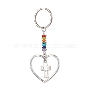 Heart Alloy Pendant Keychain, with Chakra Gemstone Chip and Iron Split Key Rings, Cross, 7.4cm(KEYC-JKC00626-02)
