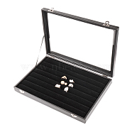 Imitation Leather and Wood Rings Display Boxes, with Glass, Rectangle, Black, 24x35x4.5cm(ODIS-R003-07)