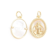 Religion Brass Pendants, with Natural Shell and Jump Ring, Oval with Saint Benedict Medal
, Golden, 16.5x12x3mm, Hole: 3mm(ZIRC-E164-37G)