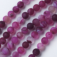 Natural Grade A Striped Agate/Banded Agate Beads Strands, Dyed & Heated, Frosted, Round, Medium Violet Red, 8~8.5mm, Hole: 1.2mm, about 39pcs/strand, 14.56 inch(37cm)(G-E478-01-8mm)