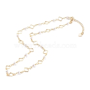 Brass Rhombus Link Chain Necklaces, with Round Glass Beads and Lobster Claw Clasps, White, Real 18K Gold Plated, 15.94 inch(40.5cm)(NJEW-JN03448)