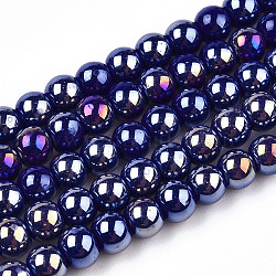 Electroplate Opaque Glass Beads Strands, AB Color Plated, Round, Dark Blue, 4~4.5mm, Hole: 0.8mm, about 97~99pcs/strand, 14.76 inch~14.96 inch(37.5~38cm)(X-GLAA-T032-P4mm-AB03)