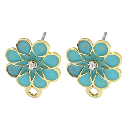 Rack Plating Alloy Stud Earring Finding, with Rhinestone, Cadmium Free & Nickel Free & Lead Free, Flower, Turquoise, 16x12.5mm, Hole: 1.6mm, Pin: 10.5x0.5mm(FIND-C053-07G-02)