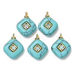 Dyed Synthetic Turquoise Pendants, Rhombus Charms with Brass Micro Pave Cubic Zirconia(Random Color) Findings, Golden, 22x17~17.5x6~6.5mm, Hole: 2.3mm(GG-CBAA798-03G-02)