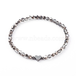 Electroplate Faceted Round Glass Beaded Bracelets, with Brass Heart Beads, Dark Gray, Inner Diameter: 2-3/8 inch(6.1cm)(BJEW-JB06125-02)
