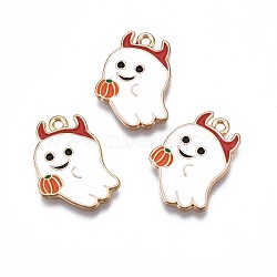 Alloy Enamel Pendants, Light Gold, Cadmium Free & Lead Free, Ghost with Horn & Pumpkin, for Halloween, White, 22.5x17x1mm, Hole: 1.6mm(PALLOY-S132-340)