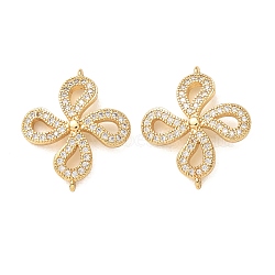Brass Micro Pave Clear Cubic Zirconia Connector Charms, Four-Leaf Clover Links, Rack Plating, Long-Lasting Plated, Cadmium Free & Lead Free, Real 18K Gold Plated, 22x19x3mm, Hole: 0.8mm(CU-CBA4579-14G)
