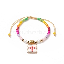 Glass Seed Braided Bead Bracelet, Rectangle with Heart Charm Bracelet for Women, White, Inner Diameter: 2~3-1/8 inch(5~8cm)(BJEW-MZ00025-02)