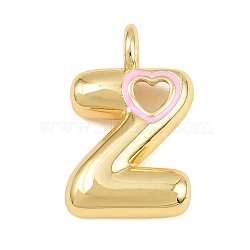 Brass Pendants, with Pearl Pink Enamel, Letter with Heart Charms, Cadmium Free & Lead Free, Rack Plating, Long-Lasting Plated, Real 18K Gold Plated, Letter Z, 23.5x15x6.5mm, Hole: 3mm(KK-CBA3FD6-07Z-G)