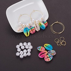 DIY Earring Making, 304 Stainless Steel Hoop Earrings/Jump Rings, Imitation Pearl Acrylic Beads and Spray Paint Cowrie Shell Beads, Colorful, 35x0.7mm(DIY-X0098-33)